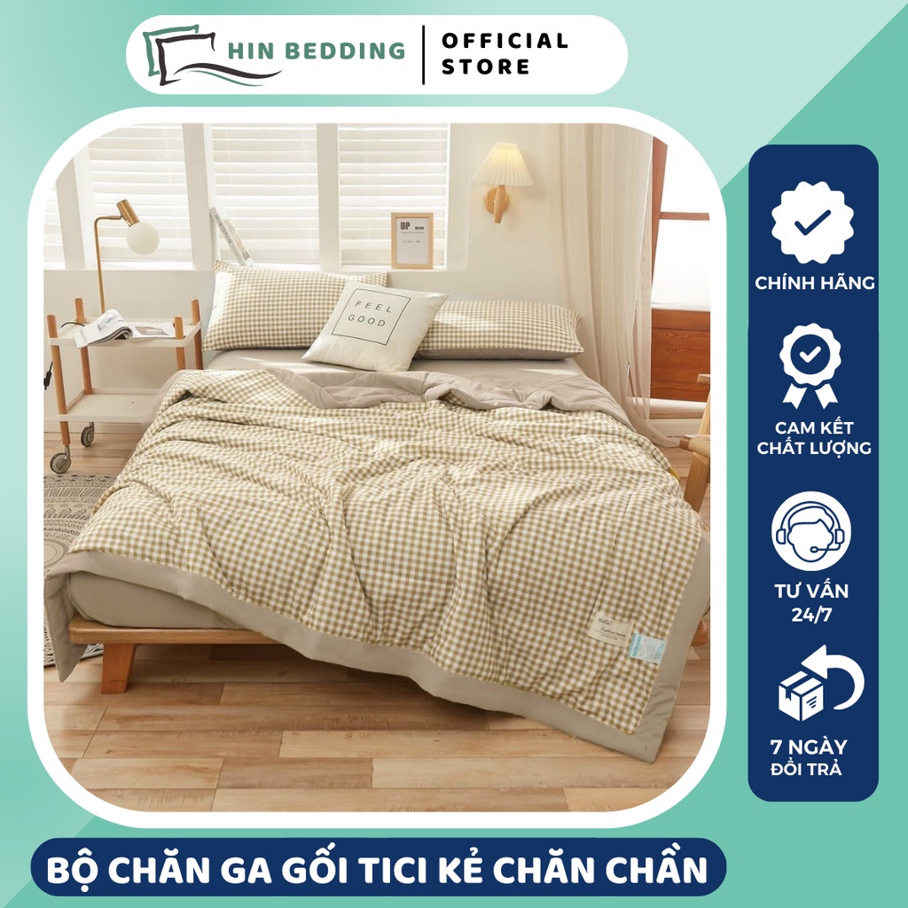 Bộ Chăn Ga Gối Cotton Tici Kẻ Chăn Chần Hè HIN BEDDING, Cotton Tici Vải Mềm Mịn Full Size Ga Giường