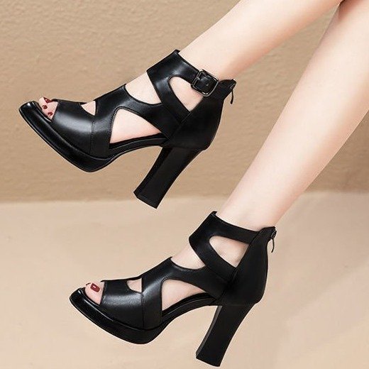 7.5cm Giày Sandal Cao Gót Hở Mũi Quai Da Chống Thấm Nước Phong Cách La Mã Thời Trang Xuân Hè 2022 Cho Nữ
