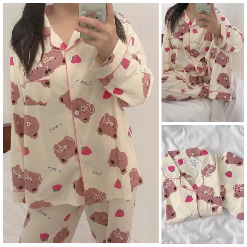 Bộ Pijama Dài Tay, Bộ Đồ Ngủ Nữ Mặc Nhà Thu Đông Họa Tiết Gấu Dâu Form Rộng