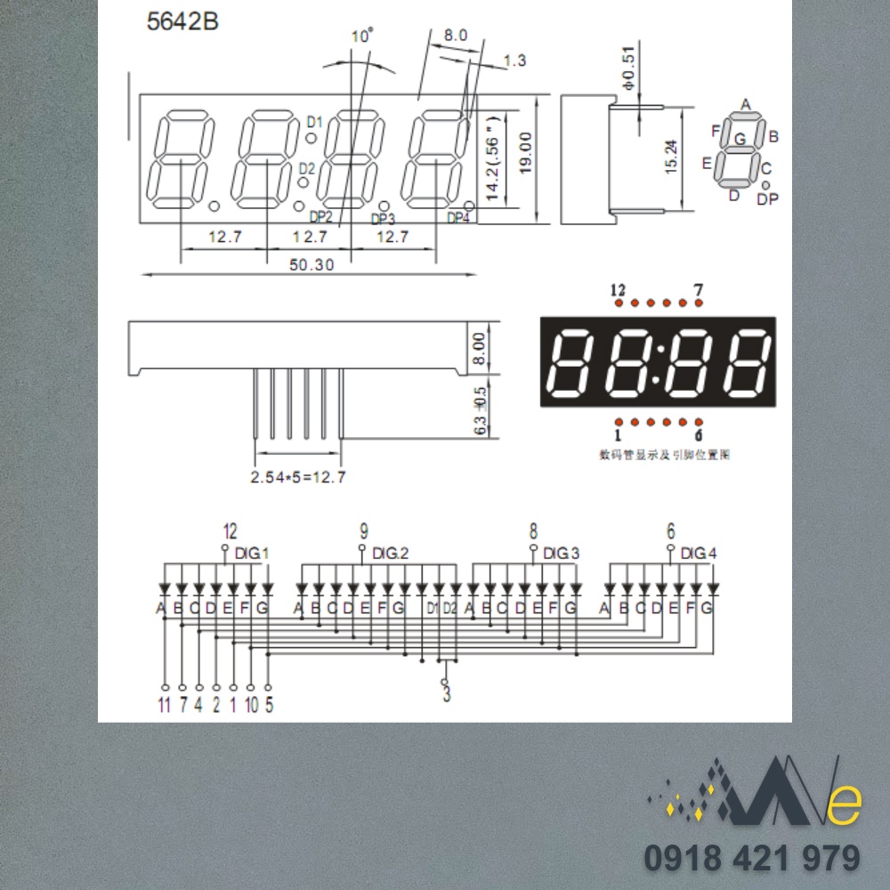 LED 7 4 số kích thước 0.56" có hai chấm đồng hồ