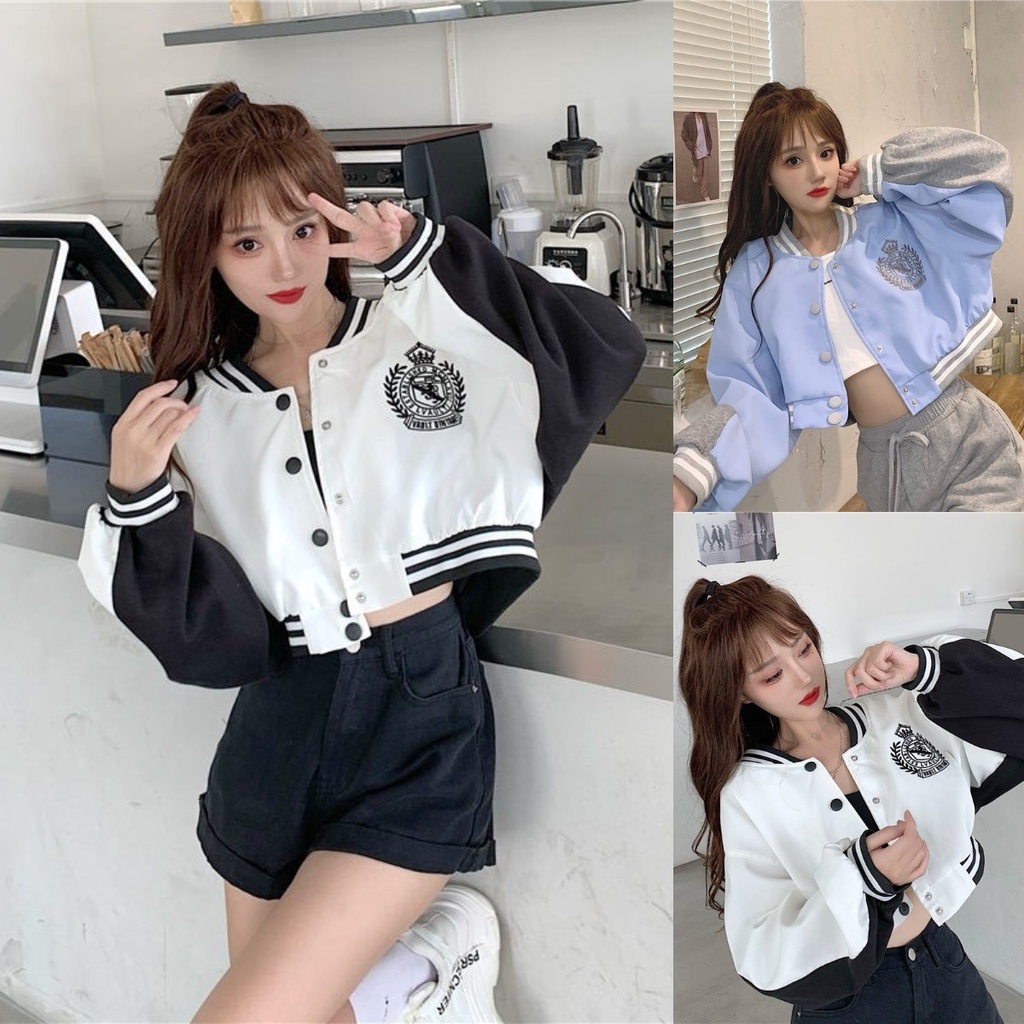 Mới Áo Khoác Bóng Chày Tay Dài Dáng Rộng Thêu Chữ Phối Màu Tương Phản Cá Tính