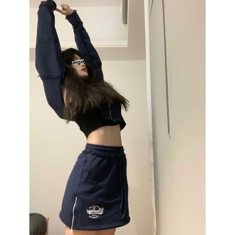 Bộ Áo Khoác Lửng Dài Tay + Chân Váy Thể Thao Phong Cách Retro Mỹ Xingxg Cho Nữ