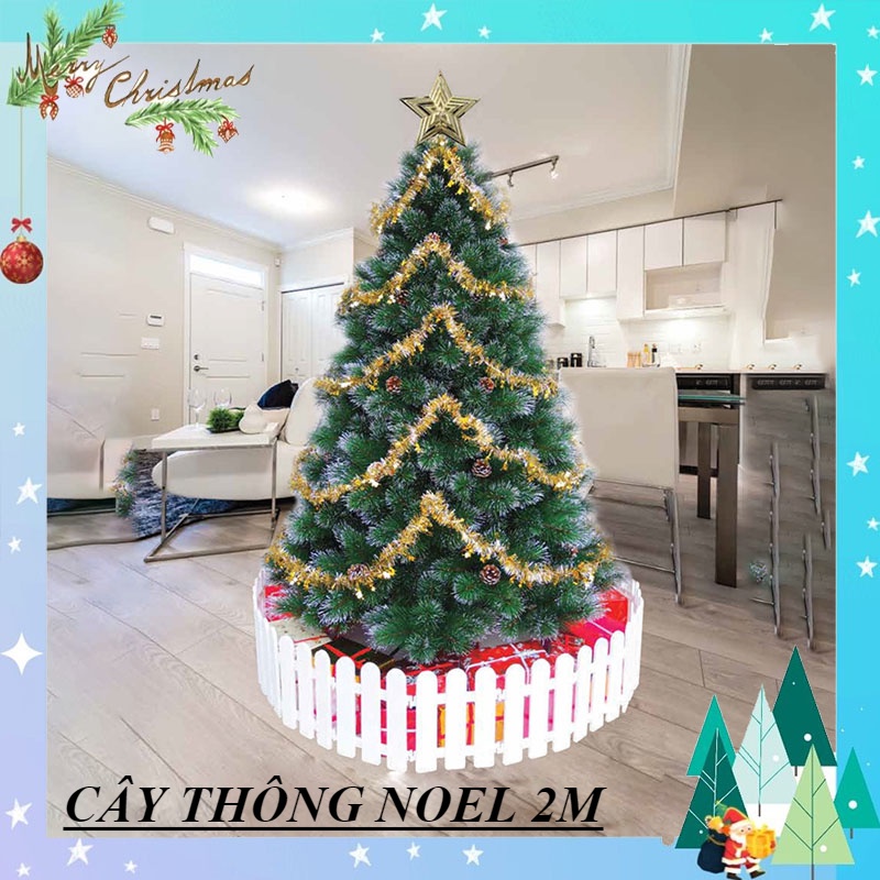 Cây thông noel 2m, cây thông noel cước lăn kim tuyến bạc gắn trái thông 2m trang trí giáng sinh trong nhà ngoài trời
