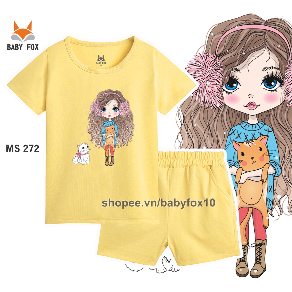Bộ thun bé gái 100% cotton loại tốt, thương hiệu BABY FOX, in hình bé gái, size nhỏ, trung, đại b