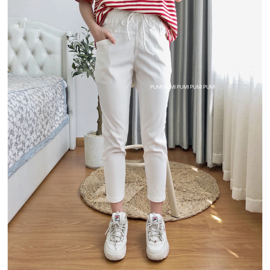 Quần dáng baggy ống suông nữ dây rút lưng thun chất kaki thun có độ co giãn tốt 3 size SML Pumi