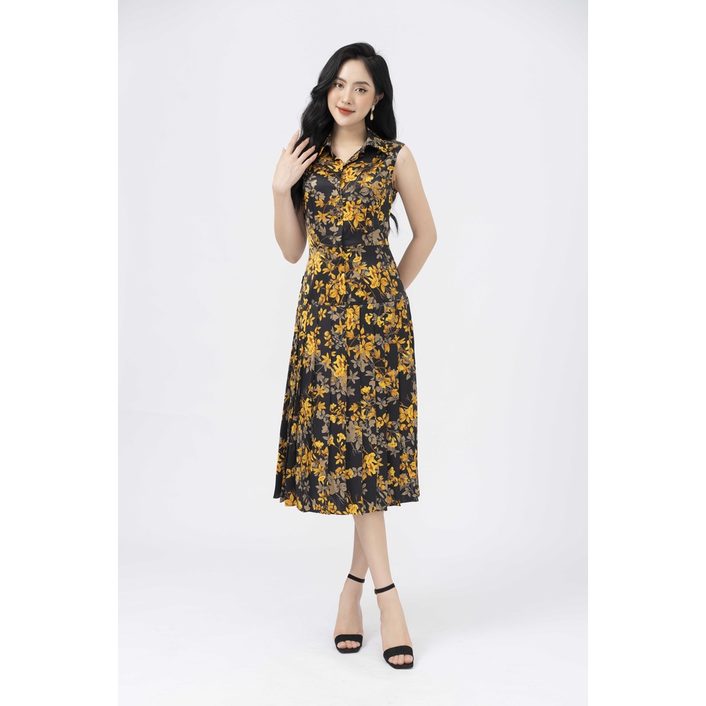 Đầm thiết kế cao cấp FIONA váy công sở nữ xếp ly họa tiết hoa nhí cổ đức nẹp đính cúc tay sát nách F452005