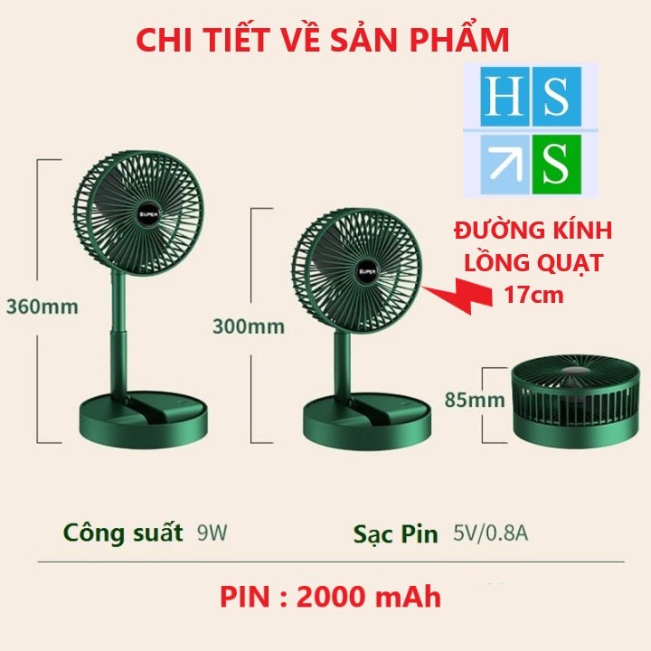 Quạt gấp gọn  tích điện sạc USB tiện dụng quạt mini 3 chế độ gió - HS Shop Thủ Đức