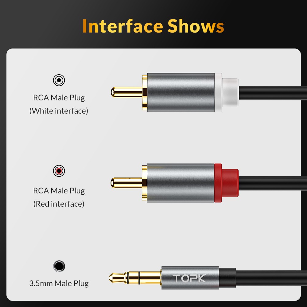 Dây cáp âm thanh TOPK L14 chuyển đổi 2 giắc cắm RCA sang giắc 3.5mm chuyên dụng