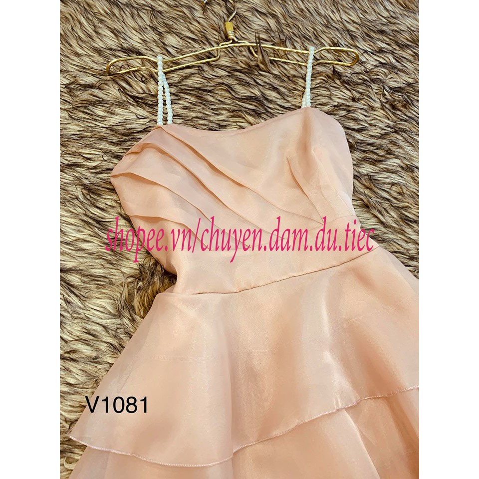 Đầm dự tiệc V1081 Váy hai dây ngọc 5 tầng  Màu be size S, M, L
