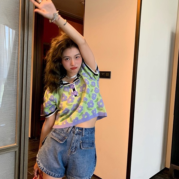 Áo thun polo ZHELIHANGFEI ngắn tay họa tiết hoa xinh xắn cho nữ