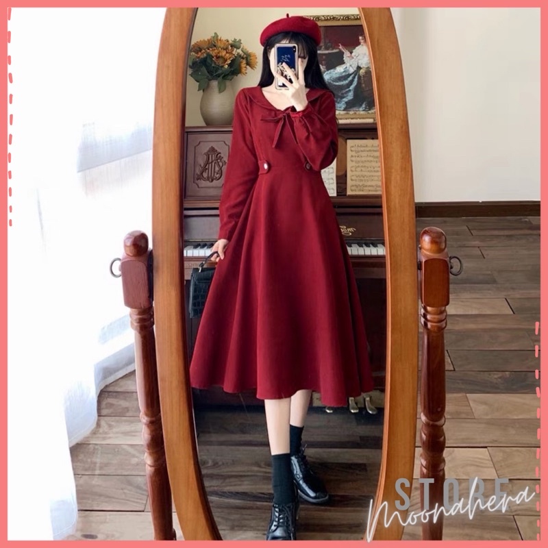 Sẵn váy maxi đỏ cổ nơ dây thắt eo dáng xoè Lolita. Đầm công chúa