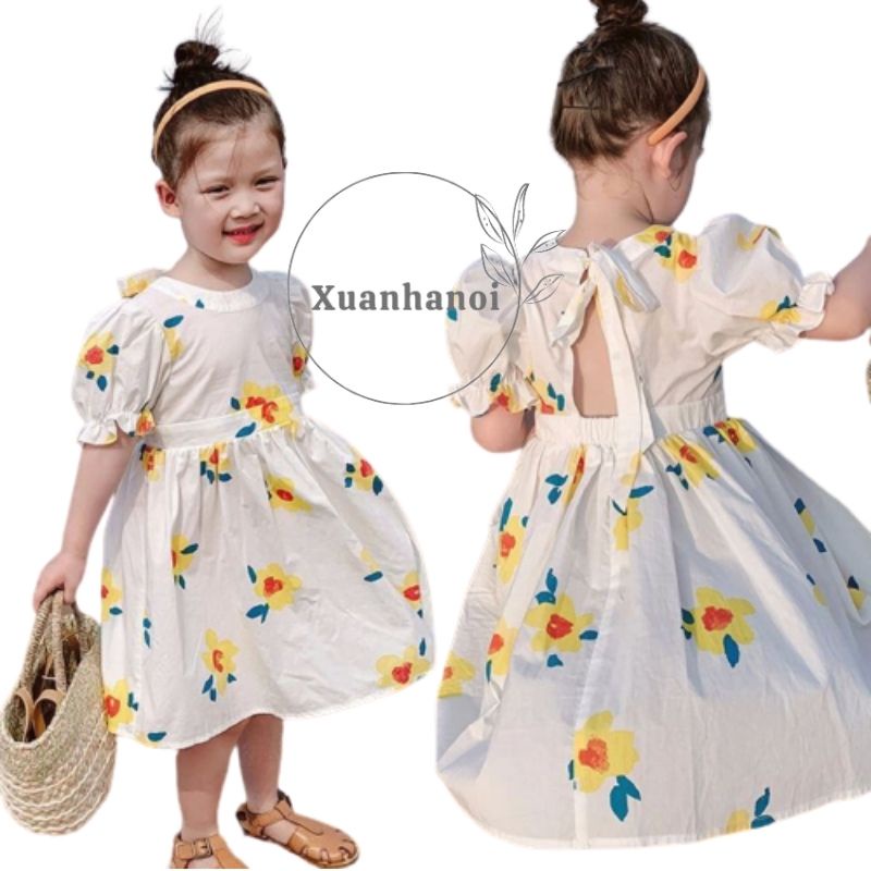 Váy bé gái hoa cam tay bồng đây đan lưng trắng hoa cam XHN1000