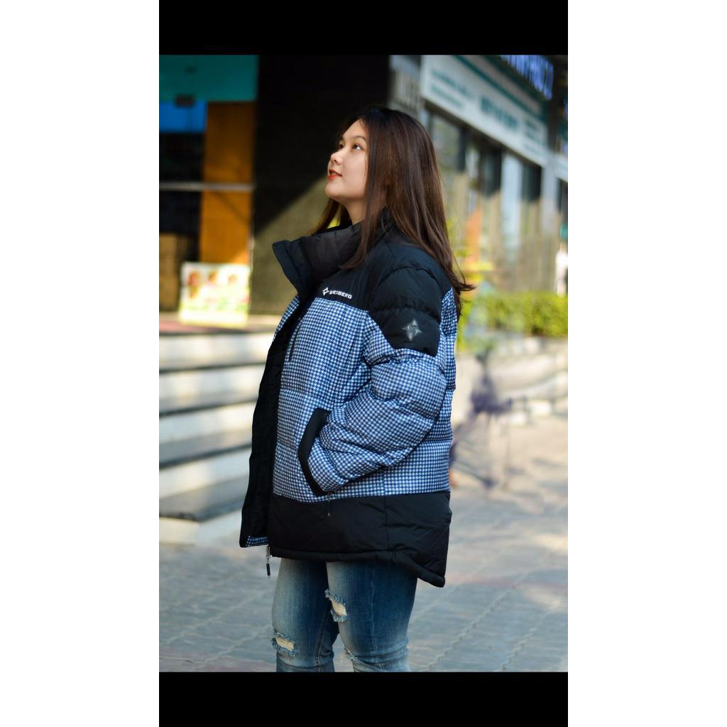 Áo khoác phao lông vũ💖Freeship💖Áo khoác phao họa tiết kẻ caro xanh, dáng đuôi tôm sau, phồng ấm, trẻ trung, form rộng