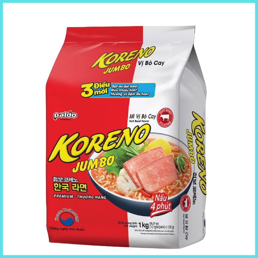 Mì Koreno Jumpo Vị Bò Cay, Vị Kim Chi, Túi 10 gói 100g MKRN01