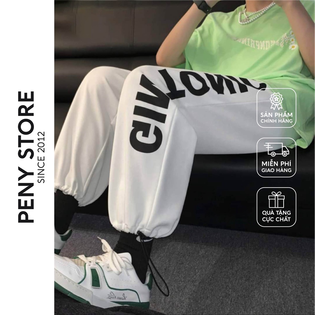 Quần jogger nỉ nam nữ dáng thể thao unisex ống rộng bó chun rút gấu 3 màu in chữ phong cách cá tính PENY PNQ009