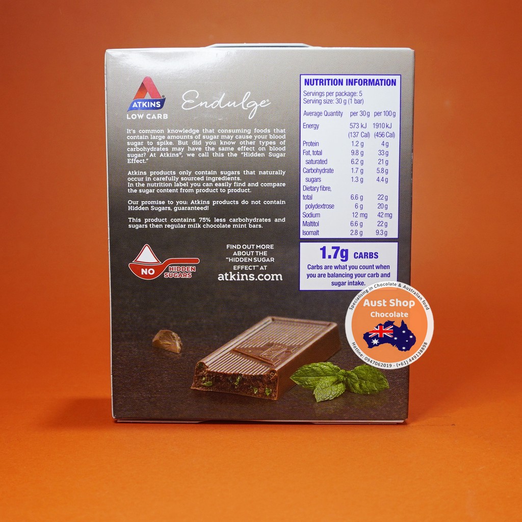 Socola thanh ít đường Atkins Low Carb Endulge Milk Chocolate Mint Crisp 5 pack (5 x 30gr) - OZ - Aust Shop chocolate