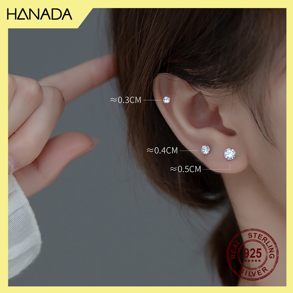 Bông Tai Bạc 925 Hanada Mang 2 Đầu Đá/Bi Tròn Chui Vặn Đeo Nam Nữ 0801