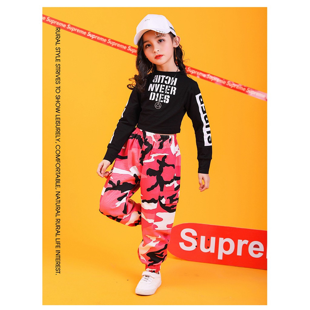 Bộ Trang Phục Biểu Diễn Họa Tiết Rằn Ri Phong Cách Hip Hop Cho Bé Gái