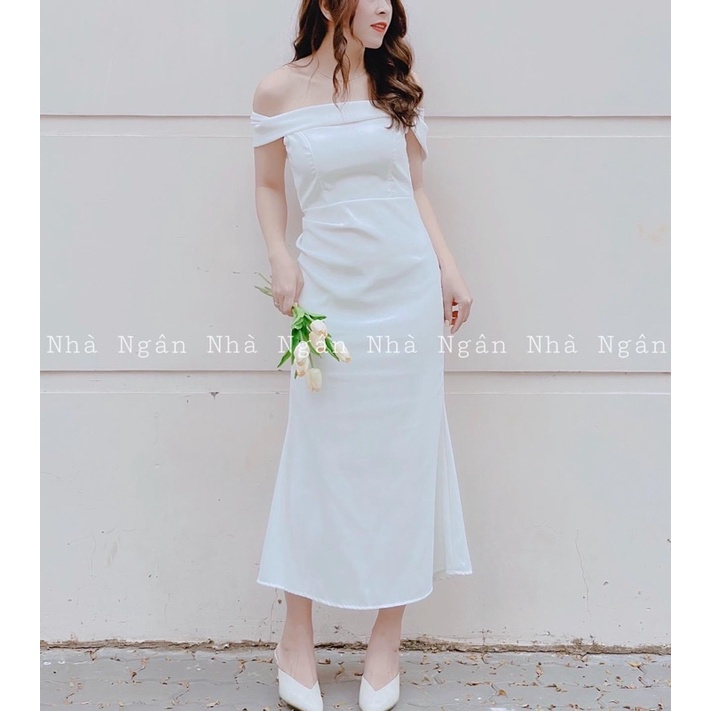 Đầm trắng body đuôi cá trễ vai nơ sau lưng