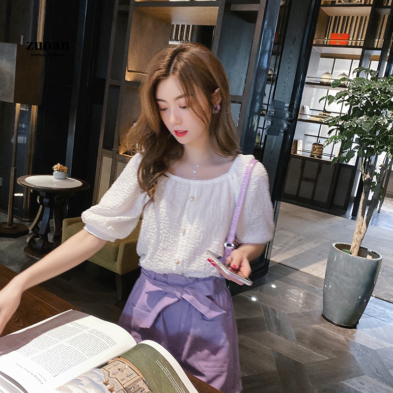 SUXI Áo Tay Ngắn Thiết Kế Cổ Vuông Dáng Rộng Màu Trơn Đáng Yêu Cho Nữ