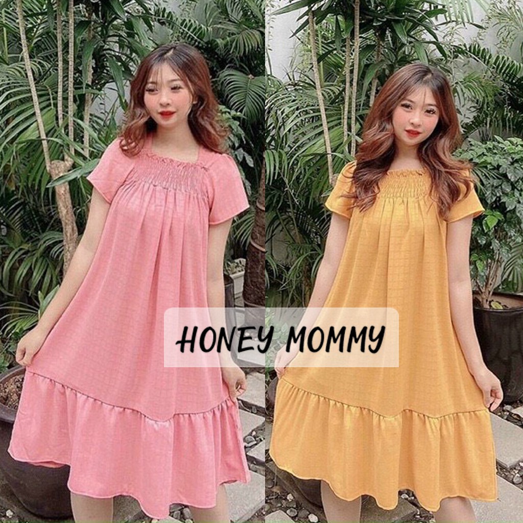 Váy Bầu Hè Công Sở Cổ Vuông Vải Đũi Mát HD2623 Honey Mommy Đầm Bầu Trễ Vai Đuôi Cá