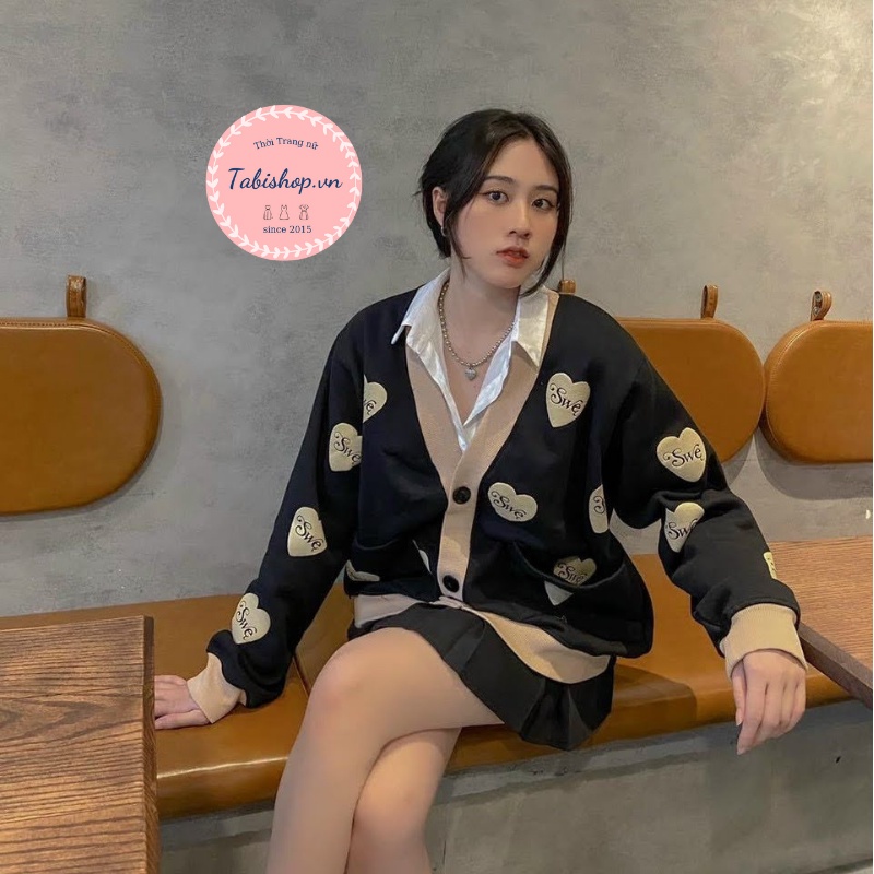 Áo khoác Cardigan in hình tim áo khoác nỉ nữ form rộng chống nắng xinh xắn