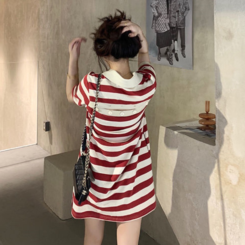 Đầm Thun Tay Ngắn Cổ POLO Form Rộng Họa Tiết Kẻ Sọc Phong Cách Hàn Quốc | BigBuy360 - bigbuy360.vn