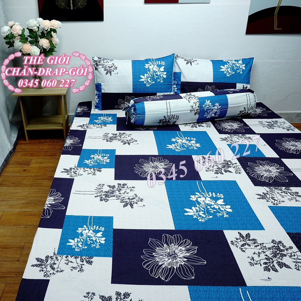 Drap Thắng Lợi, ga trãi giường cotton in logo chính hãng thoáng mát mẫu CÁT XANH