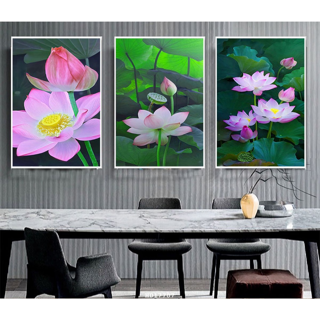 TRANH HOA SEN, Tranh tráng gương in UV 5D Mica bóng mịn Joce.Decor No1, tranh treo tường phòng khách bền đẹp 40 năm