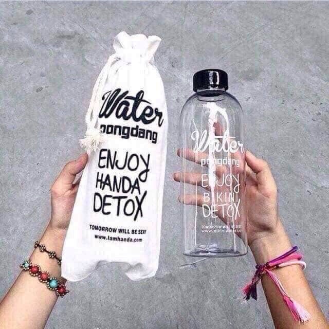 Bình nước Detox đẹp &quot; Water Pongdang&quot; 1000 ml ( màu trong suốt ) - Kèm 1 Túi Vải