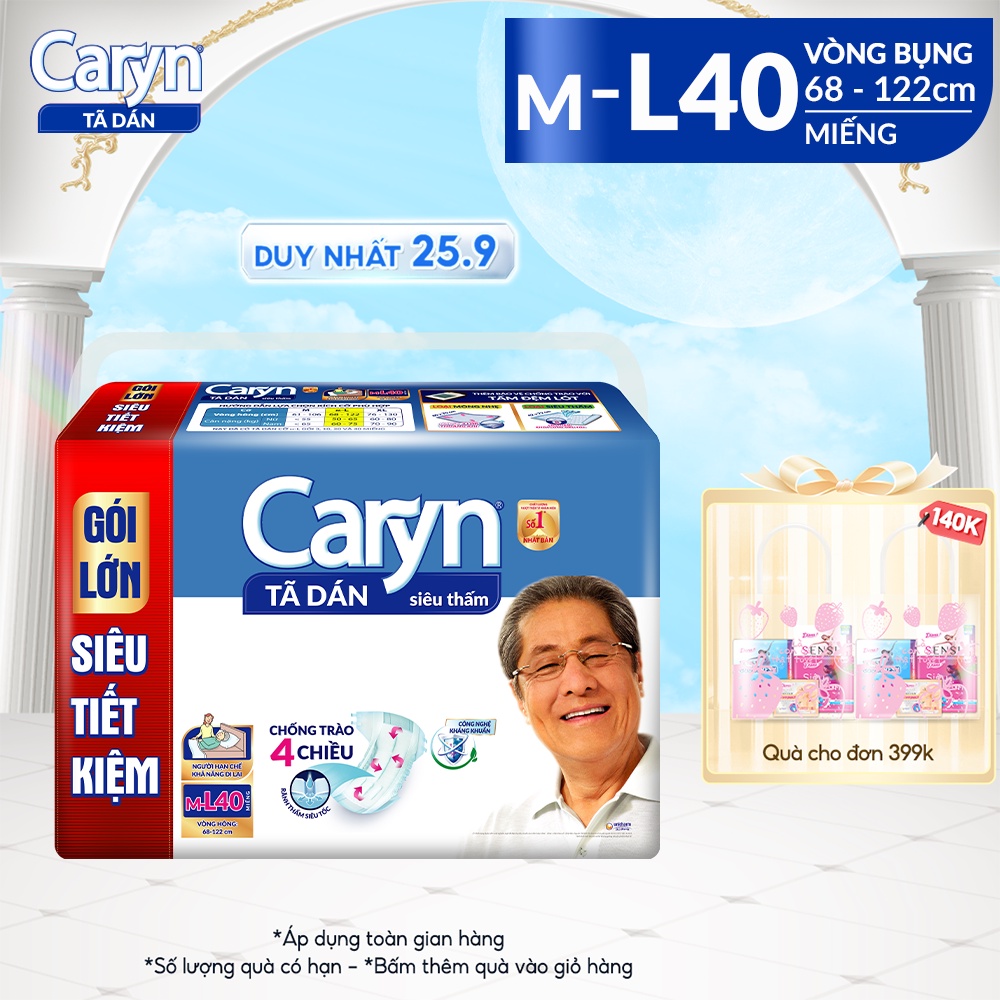 Tã Bỉm Dán Người Lớn Caryn Siêu Thấm Size L 40 Miếng Gói Siêu Tiết Kiệm Cho Người Già Hạn Chế Khả Năng Đi Lại