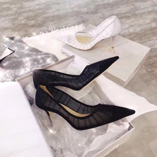 Cao gót lưới ánh kim đen ghi gót nhọn có hộp