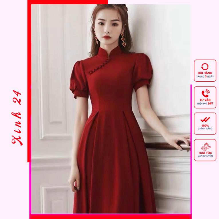 Đầm váy đỏ đi tiệc sang chảnh cổ áo dài (kèm hình thật) | BigBuy360 - bigbuy360.vn
