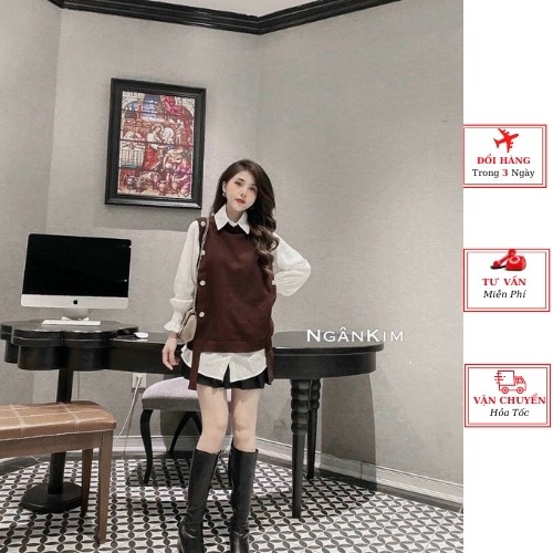 Áo sơ mi trắng chun tay nữ kèm gile len nâu đen công sở ulzzang Hàn Quốc