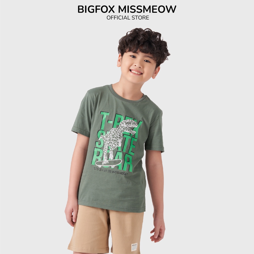 Bộ thun bé trai cộc tay Bigfox – Miss Meow chất cotton hình in t-rex từ 11 - 40kg VNXK