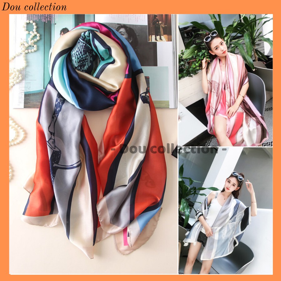 [Nowship2h] Khăn Choàng Quàng Cổ Lụa Cao Cấp Họa Tiết Yên Ngựa Đi Biển - Chất Liệu Silk - Size:90x190cm - Mã KS003