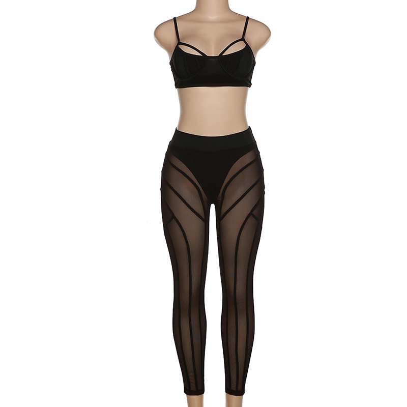 Set Áo Tank Top Hở Lưng + Quần Dài Eo Cao Phối Lưới Thời Trang