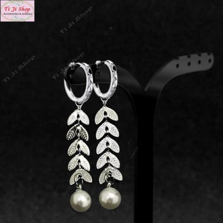 Bông tai nữ inox Hàn Quốc dáng dài sang trọng hình lá nguyệt quế  sang trọng không đen