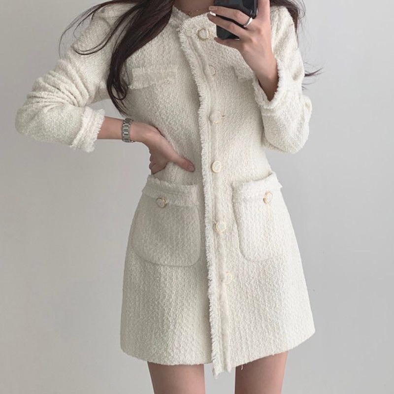 Váy dạ tweed cổ tròn 2 túi bên hông