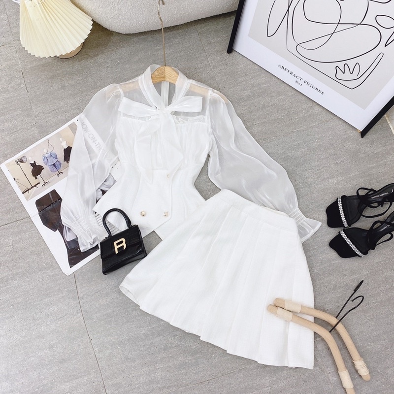 SET ÁO TRẮNG PHỐI TAY VOAN NƠ CỔ + CHÂN VÁY XẾP