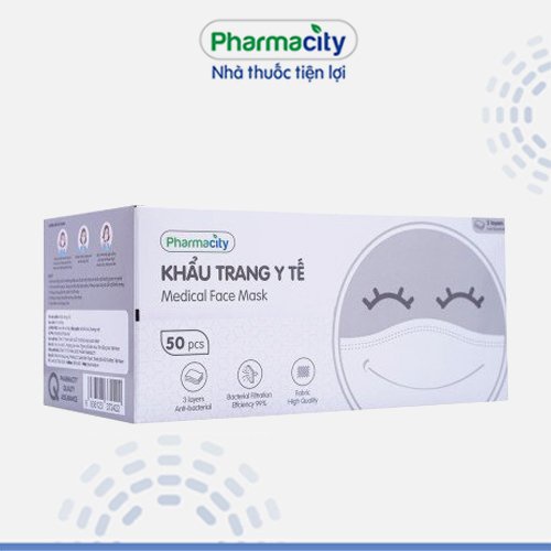 Khẩu trang y tế 3 lớp màu trắng Pharmacity (50 cái/hộp)