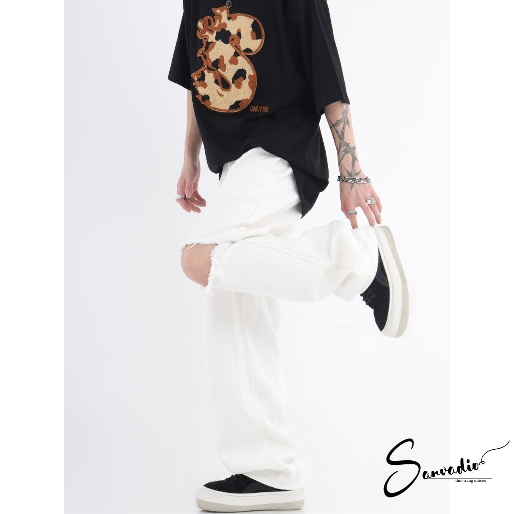 Quần jean ống rộng nam SANVADIO quần bò nam dáng suông rách gối cá tính - hip hop thời trang Hàn Quốc QD338