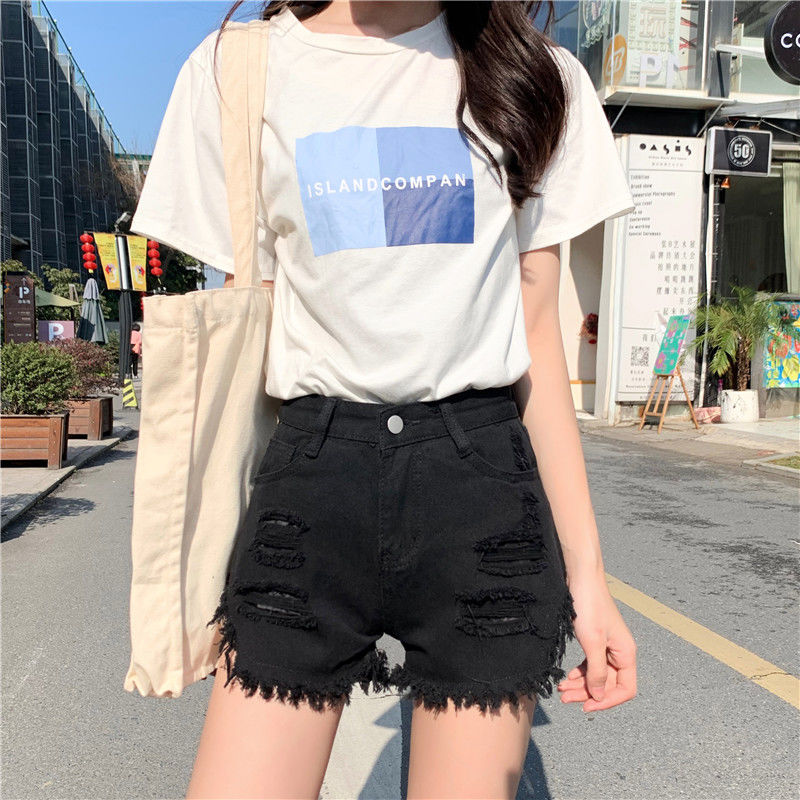 Quần bò rách siêu ngắn Fashion perforated raw edge denim shorts women fashion 2020 summer new Korean high waist slim pink hot pants