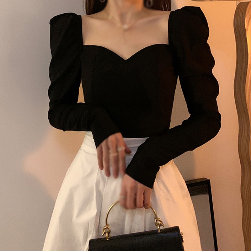 Áo thun tay phồng dài cổ vuông màu sắc trơn phong cách Hàn Quốc quyến rũ