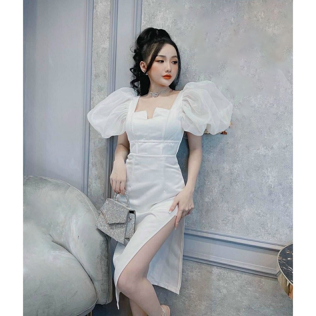 [HCM] Đầm Ôm Body Xẻ Tà Phồng Vai Cổ Vuông Cao Cấp Thời Trang Nữ Sam Closet Free Size 40-55kg