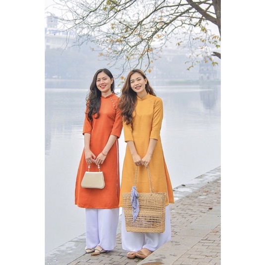 Áo dài cách tân Đông Du màu cam-toàn bộ ảnh thật