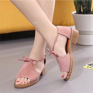 Giày sandal gót vuông cột nơ - màu:đen,hồng,da | giày sandal nữ