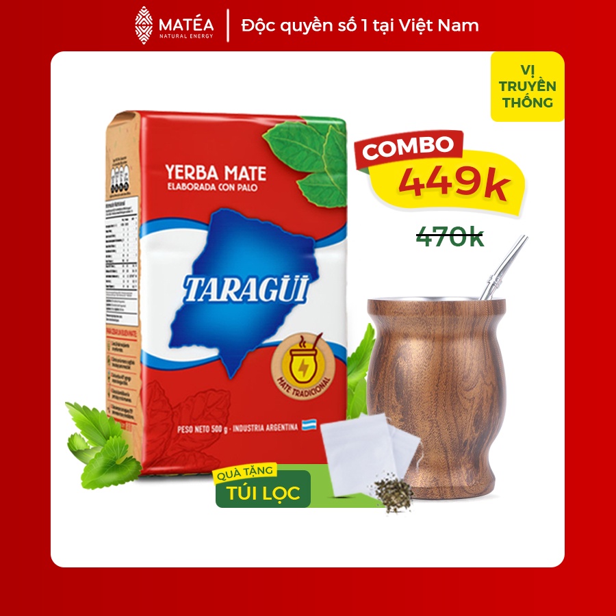 Combo Trà Yerba Mate Vị Truyền Thống và Bầu Bombilla Vân Gỗ