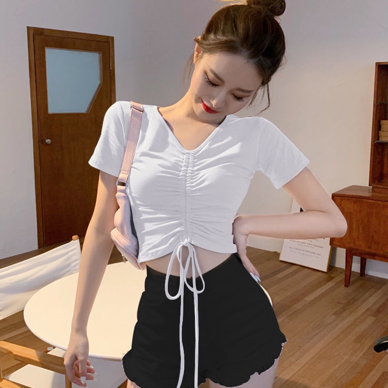 Áo Croptop Tay Ngắn Cổ Chữ V Lưng Cao Phối Dây Rút Thời Trang Quyến Rũ Cho Nữ