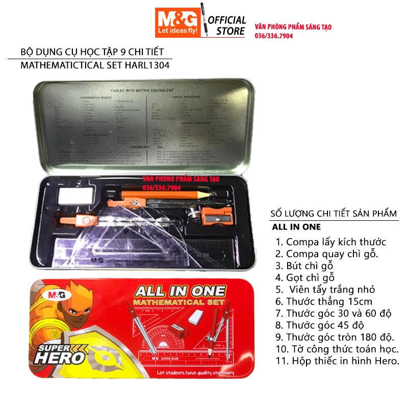 Bộ dụng cụ học sinh kỹ thuật 9 chi tiết hộp thiếc ARLN1304